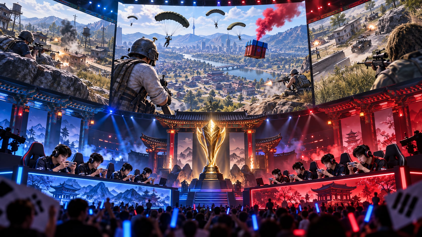 PUBG Mobile Pro Series Korea esports tournament stage in Seoul with Korean flags and battle royale drop on screen