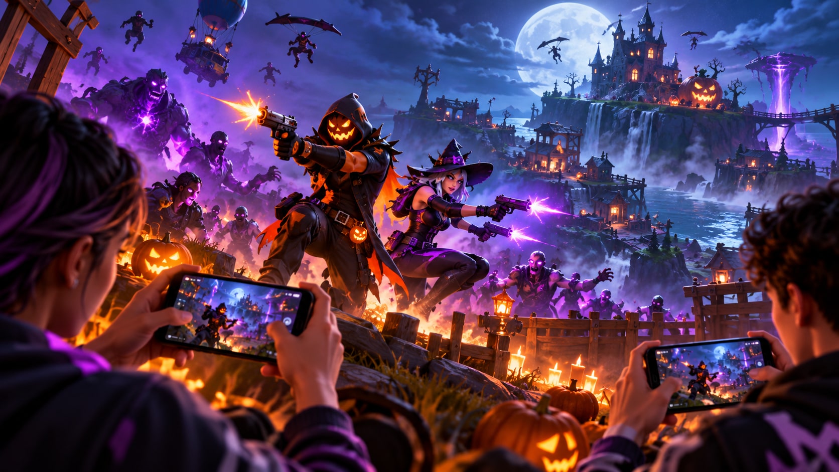 Fortnite players on smartphones battling fiends in spooky Fortnitemares Halloween landscape with pumpkin-head warriors and haunted castle