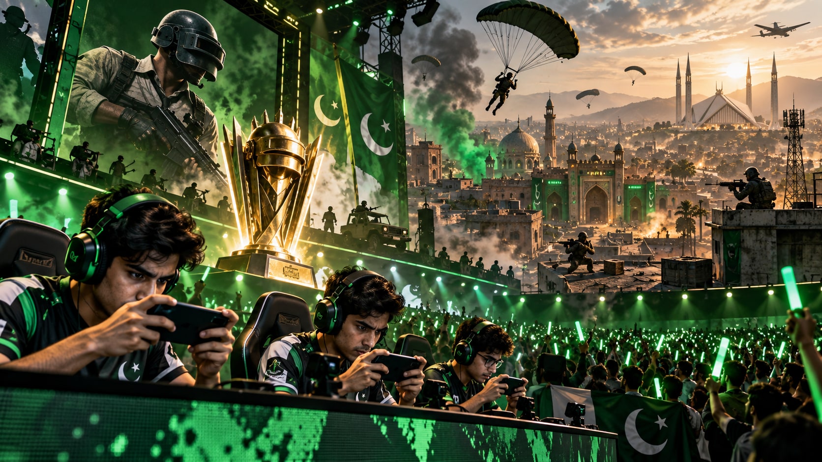 PUBG Mobile Pakistan Open Grand Finals tournament stage with Pakistani flags, green lighting, and players competing in Islamabad