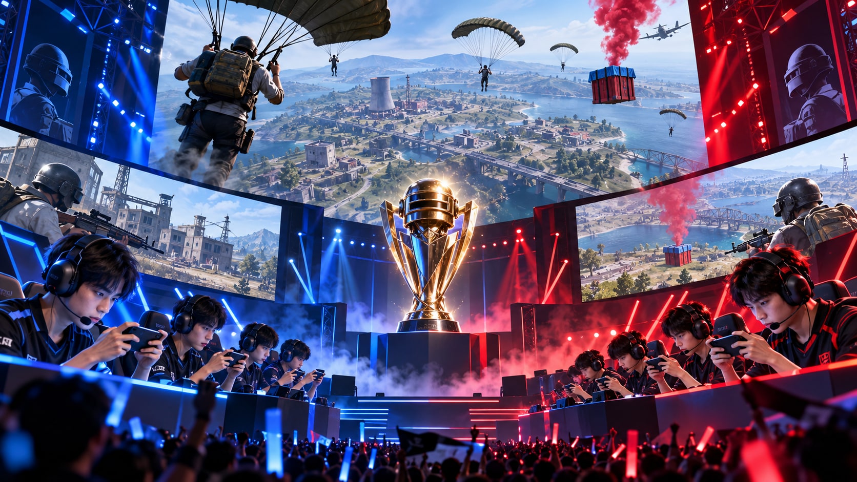 PUBG Mobile Pro Series Korea esports tournament in Seoul with Korean squads battling beneath a golden helmet trophy and big screens