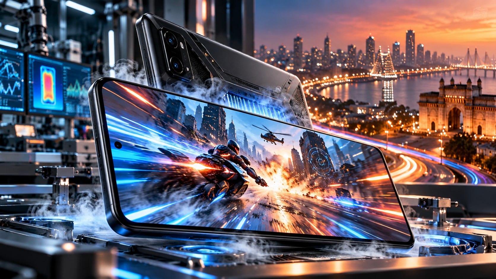 iQOO 16 smartphone with vapour-chamber cooling mist and high-speed racing game on 165Hz display mounted on testing rig with Gateway of India in Mumbai background