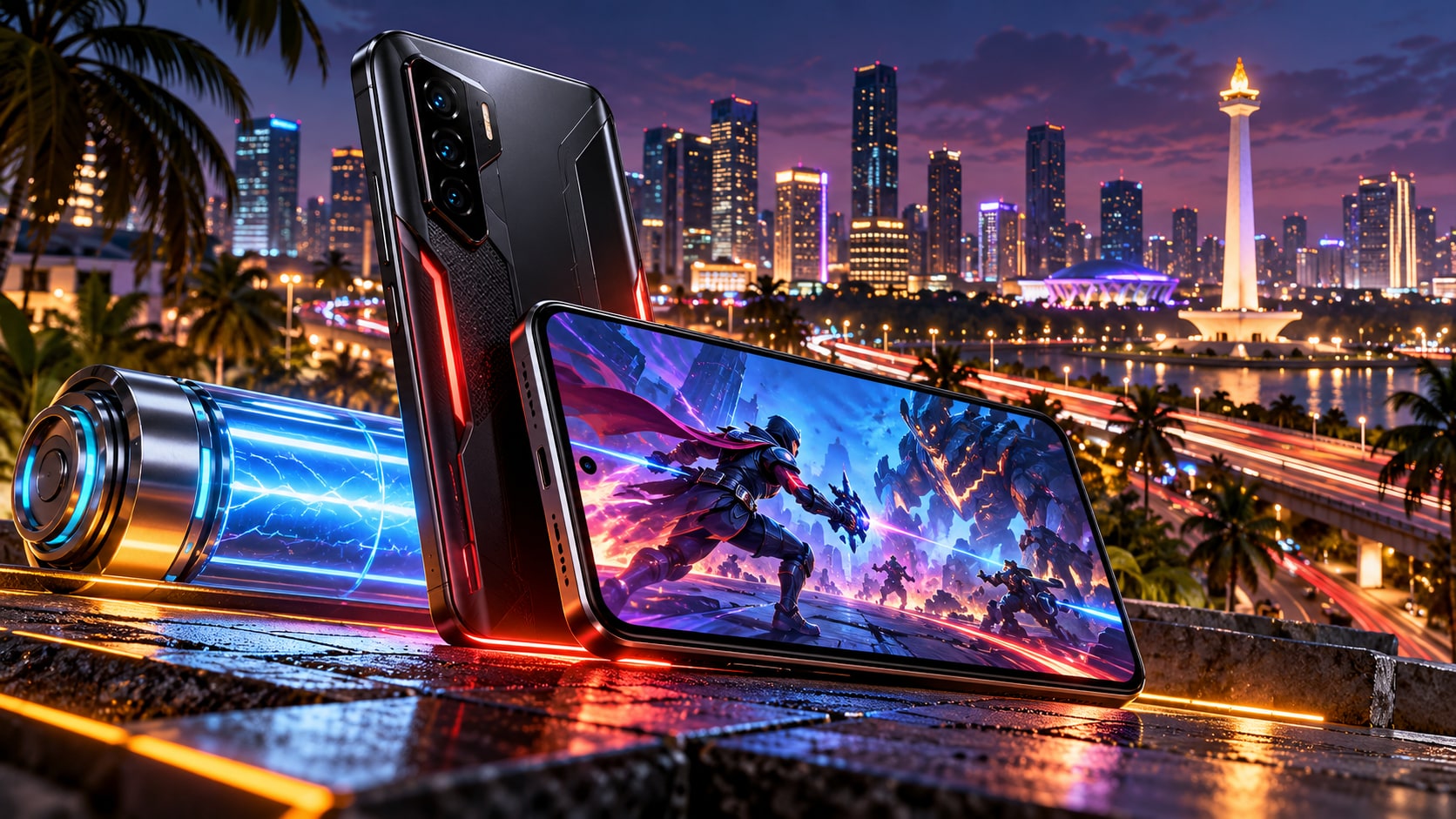 POCO F9 Ultra gaming smartphone with illuminated red accents and giant glowing battery cell overlooking the illuminated Jakarta skyline and Monas monument