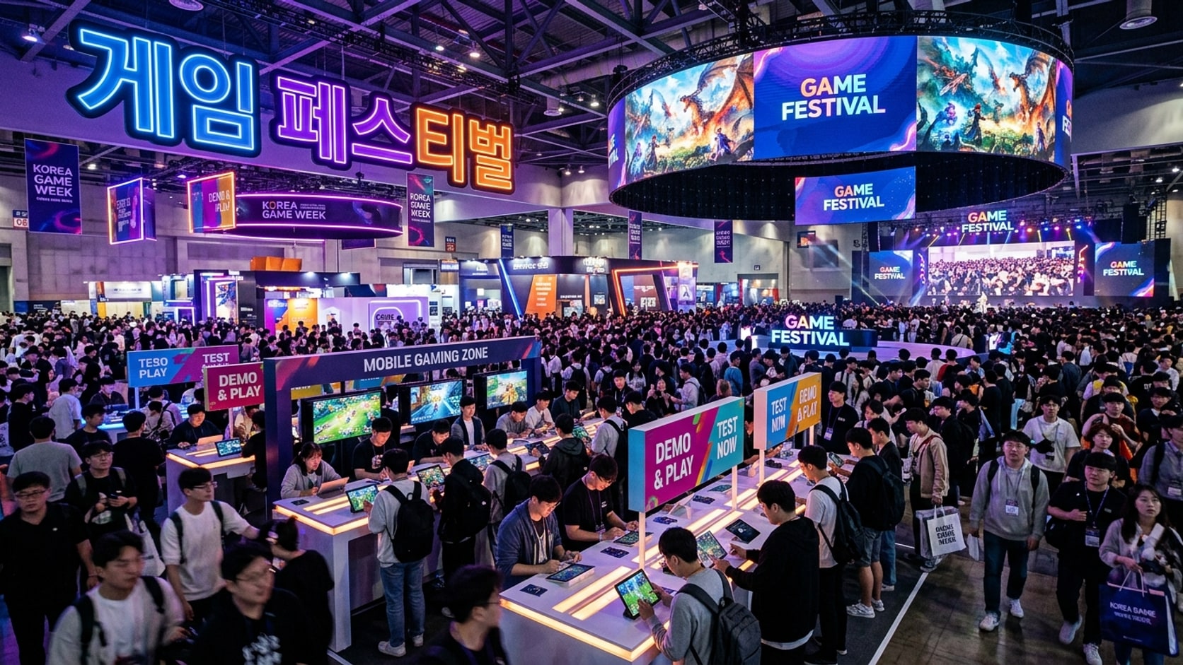 Thousands of gaming fans gathered at a massive exhibition convention center in South Korea playing mobile games at interactive kiosks under glowing festival banners