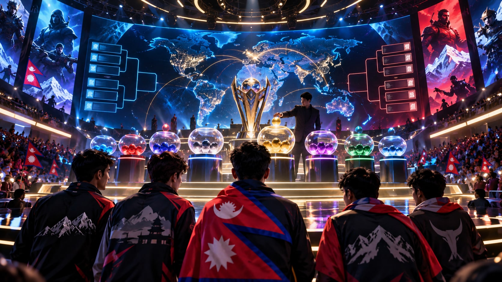Esports tournament stage featuring global group stage draw ceremony with team representatives in Nepal jerseys watching bracket reveal