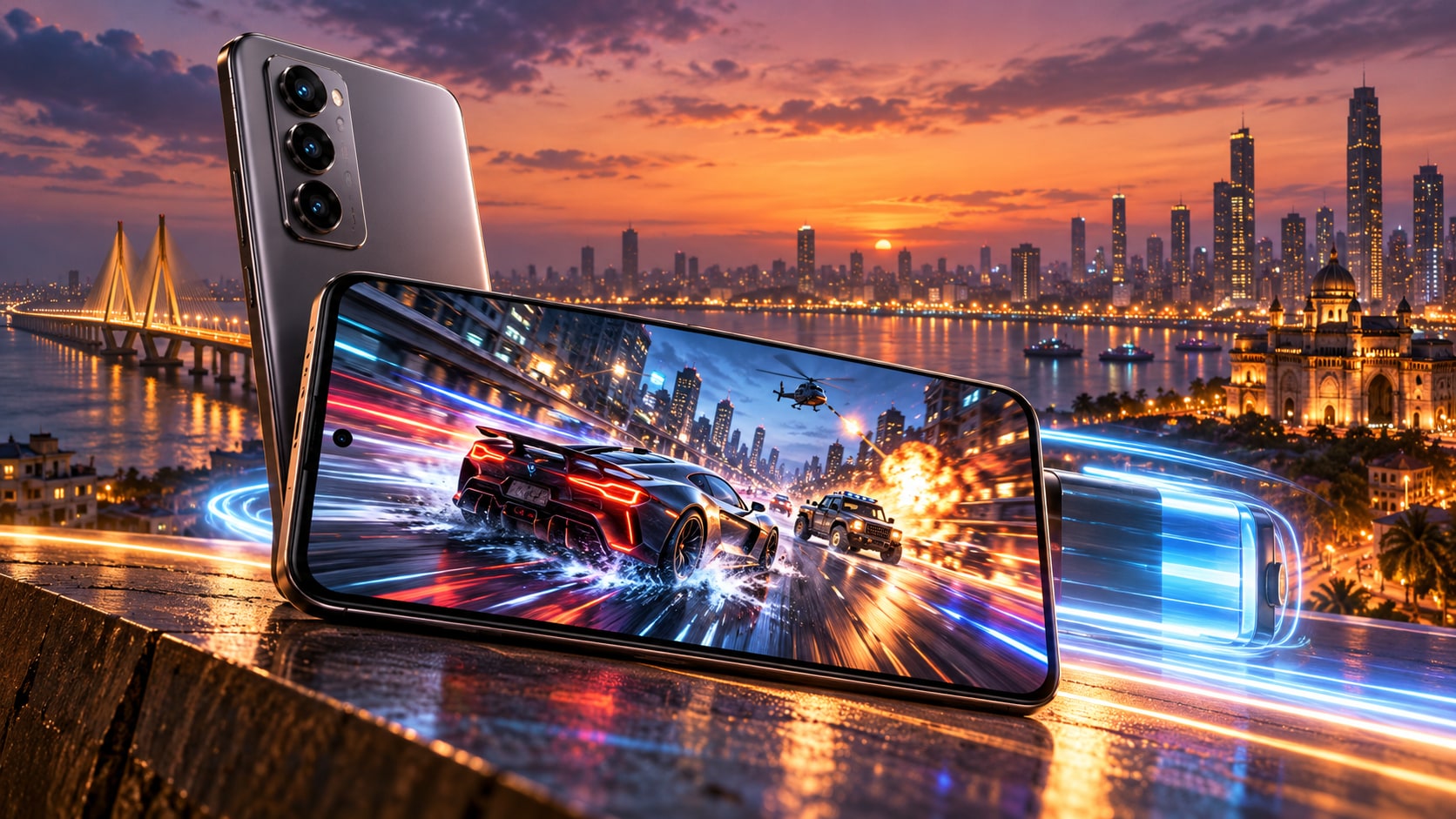 Vivo V80 smartphone displaying high-speed racing game on 144Hz OLED screen next to illuminated high-capacity battery cell against twilight city skyline