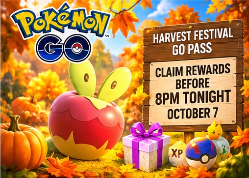 Applin nestled among autumn pumpkins and gift boxes beside wooden notice board announcing 8pm deadline for Pokemon GO Harvest Festival