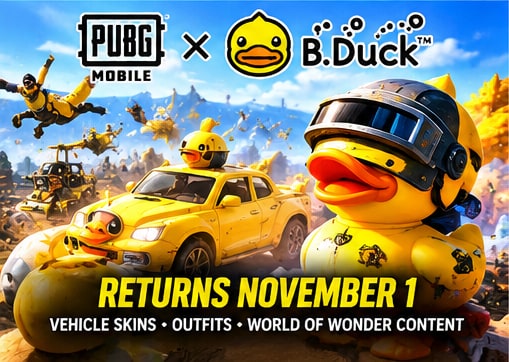 PUBG Mobile players and yellow buggy alongside giant B.Duck wearing Level 3 helmet announcing November 1 return