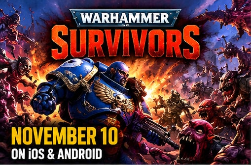 Space Marine hero firing bolter weapon into enemy swarms in Warhammer Survivors key visual announcing November 10 mobile release