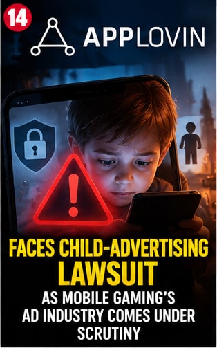 Young child looking at smartphone in dim light with privacy warning icon and AppLovin logo for mobile ad lawsuit coverage