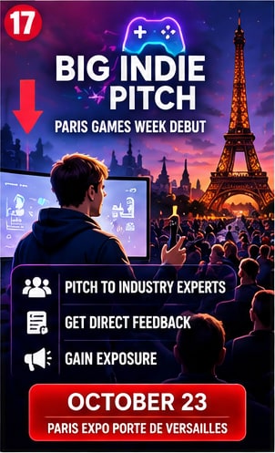 Game developer pitching to industry judging panels at Big Indie Pitch Paris Games Week debut with Eiffel Tower in background