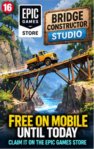 Yellow truck driving over wooden engineering bridge in Bridge Constructor Studio free on Epic Games Store mobile promo