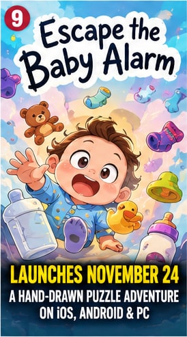 Hand-drawn cartoon baby smiling inside baby monitor surrounded by floating nursery toys in Escape the Baby Alarm puzzle adventure