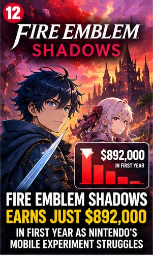 Fire Emblem Shadows tactical heroes before dramatic castle sunset with financial chart showing $892,000 first-year player spending