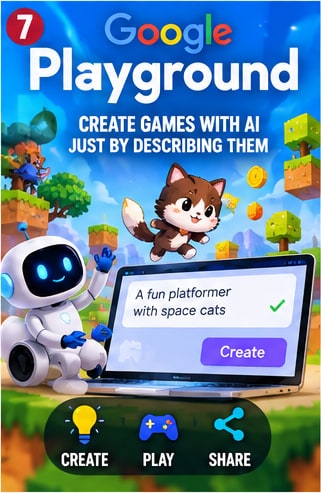 Google Playground interface showing text prompt creating playable space cat browser game alongside friendly robot assistant