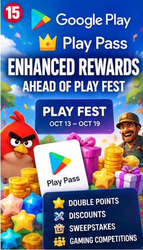 Google Play Pass promotional graphic showing mobile gaming rewards, gold coins, and Play Fest October festival announcement