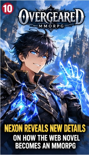Protagonist Grid channeling glowing blue magic from God Hand in Nexon's Overgeared MMORPG developer insights visual