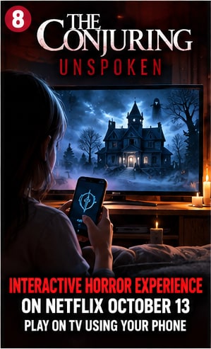 Player using smartphone controller in dark living room to play The Conjuring: Unspoken haunted house experience on television