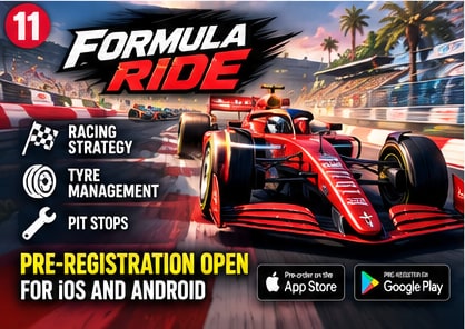 Red formula race car accelerating past track curbs with Formula Ride pre-registration banner and strategy badges