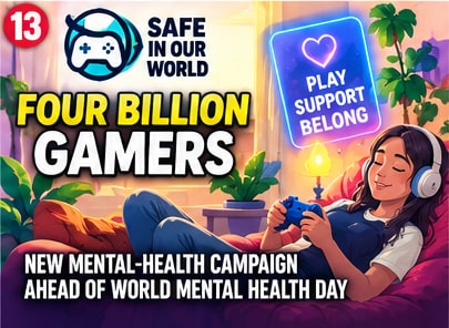 Young woman wearing headphones playing game on sofa illustrating Safe In Our World Four Billion Gamers mental health campaign