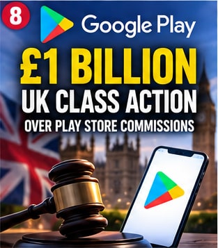 Wooden gavel beside smartphone showing Google Play logo for £1 Billion UK class action lawsuit trial coverage