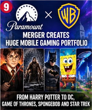 Paramount and Warner Bros logos alongside Harry Potter, Game of Thrones, Batman, and SpongeBob mobile game characters