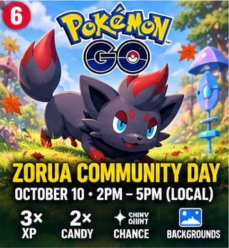 Zorua jumping in sunny park landscape for Pokémon GO Community Day October 10 event promo