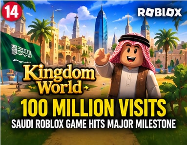 Roblox character in traditional Saudi attire waving before modern Riyadh cityscape marking 100 million visits for Kingdom World