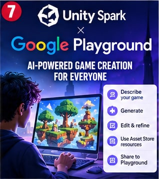 Developer working on laptop running Unity Spark and Google Playground AI-assisted game creation interface