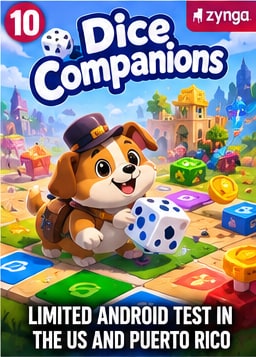 Cute puppy wearing sailor cap rolling big dice on colorful board game path in Zynga's Dice Companions