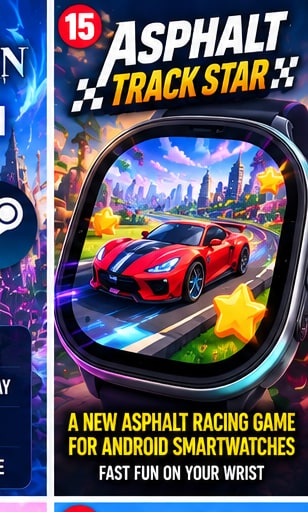 Smartwatch display showcasing Asphalt Track Star red racing supercar gameplay for Android wearable devices