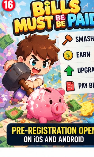 Bills Must Be Paid pre-registration artwork showing character swinging sledgehammer at piggy bank with flying money