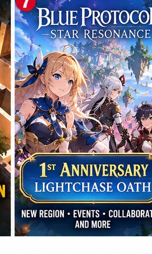 Blue Protocol Star Resonance 1st Anniversary Lightchase Oath key visual with anime heroes and floating valley landscape