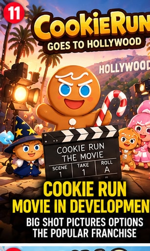 GingerBrave and CookieRun characters on Hollywood movie set with film clapperboard announcing feature film option