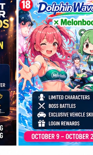 Dolphin Wave x Melonbooks collaboration visual showing Michiru Tojo and Kohari Sakimiya in special event costumes