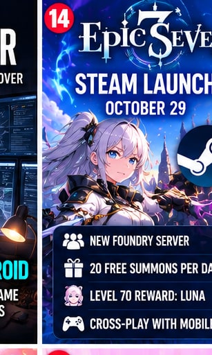 Epic Seven Steam launch key visual featuring heroine Luna, Foundry server announcement, and 20 free daily summons