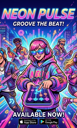 PAPgame first-person music and high-fashion rhythm game concept with stylish silhouettes and vibrant neon sound waves