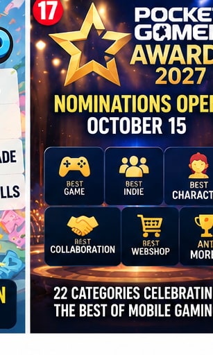 Pocket Gamer Awards 2027 banner featuring golden star trophy and 22 award categories opening nominations October 15
