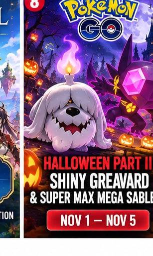 Pokemon GO Halloween Part II promo featuring Shiny Greavard and Super Max Mega Sableye in haunted pumpkin graveyard