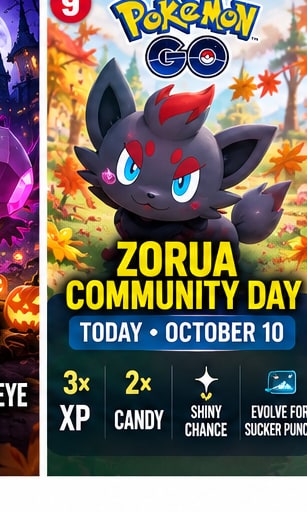Pokemon GO Zorua Community Day October 10 banner showcasing Zorua, triple catch XP, and exclusive Sucker Punch evolution