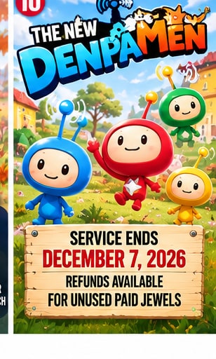 The New Denpa Men creature characters on promotional screen announcing service shutdown on December 7 2026 and Jewel refunds