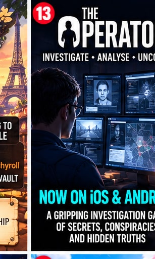 The Operator investigation terminal screen displaying maps and surveillance data for mobile launch on iOS and Android