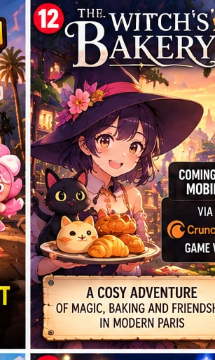 The Witch's Bakery key art showing witch Lunne and black cat with pastries in front of Eiffel Tower Paris