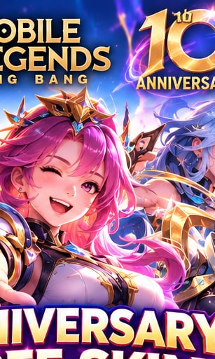 Mobile Legends Bang Bang 10th Anniversary logo and heroine portrait celebrating free permanent skin claim window