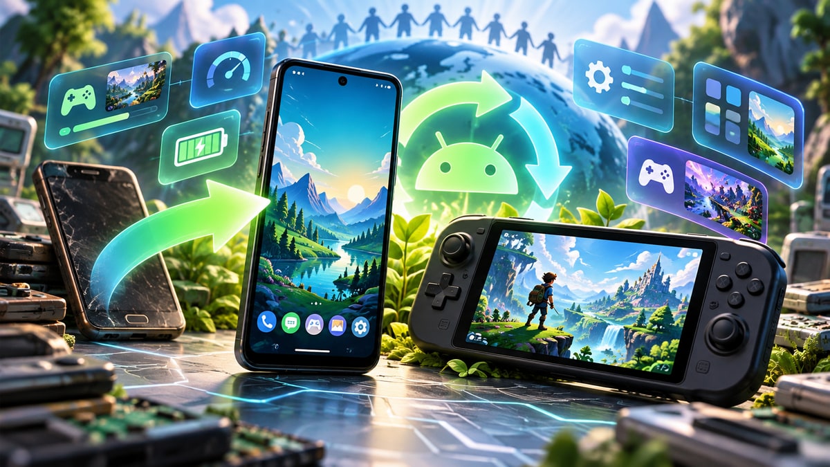 LineageOS Android 17 update concept illustration reviving older smartphone and handheld gaming console with green recycling loop