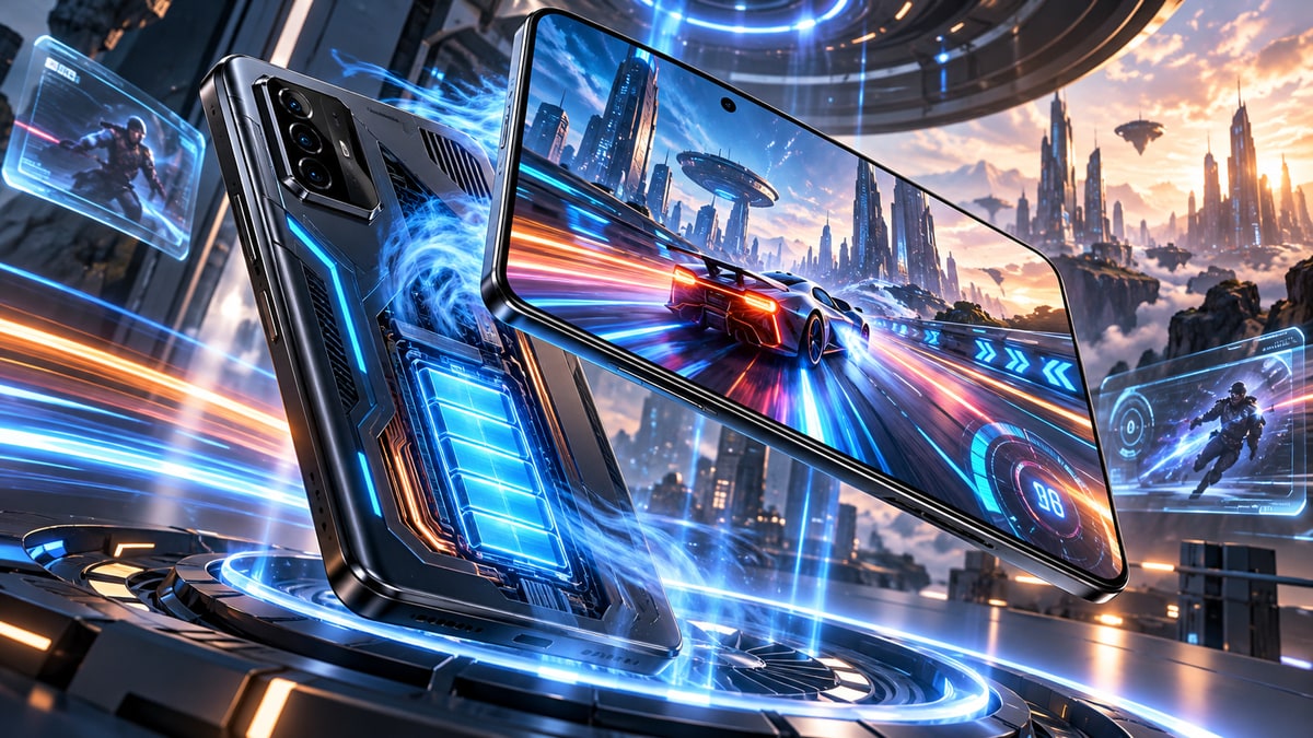 OnePlus 16 gaming smartphone illustration showing internal 9000mAh battery module and futuristic 185Hz racing graphics