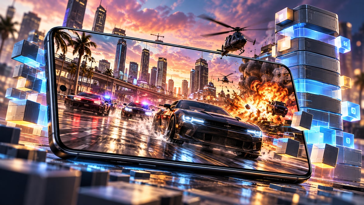 Saints Row The Third Remastered open-world mobile action showing muscle car police chase with explosions and data storage blocks