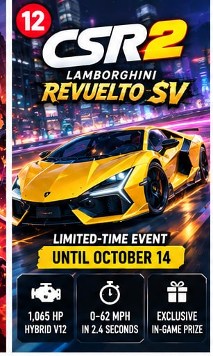 CSR Racing 2 key art showcasing yellow Lamborghini Revuelto SV racing on city circuit