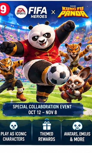 FIFA Heroes and Kung Fu Panda crossover art featuring Po kicking a football in a crowded stadium