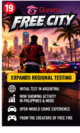 Garena Free City open-world crime game promotional art showing protagonist standing in front of city skyline with supercar