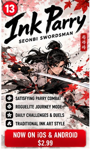 Ink Parry: Seonbi Swordsman promotional artwork showing Korean swordsman deflecting attack with ink brushstrokes